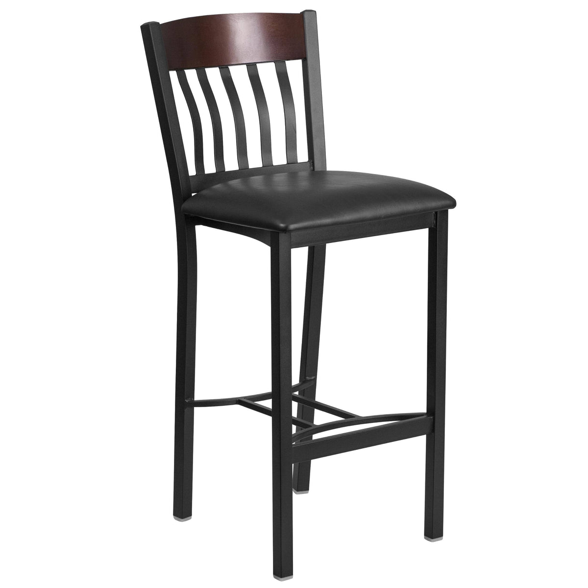 Black Metal and Walnut Wood Restaurant Barstool with Black Vinyl Seat G82600