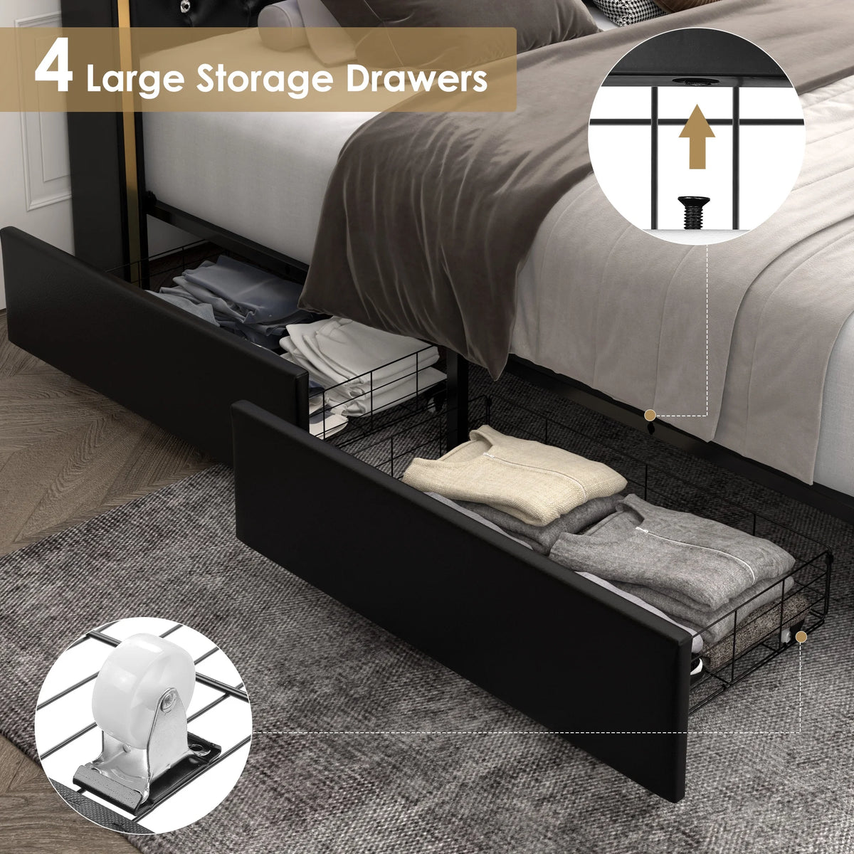 White Queen Size LED Bed Frame with 4 Storage Drawers B655