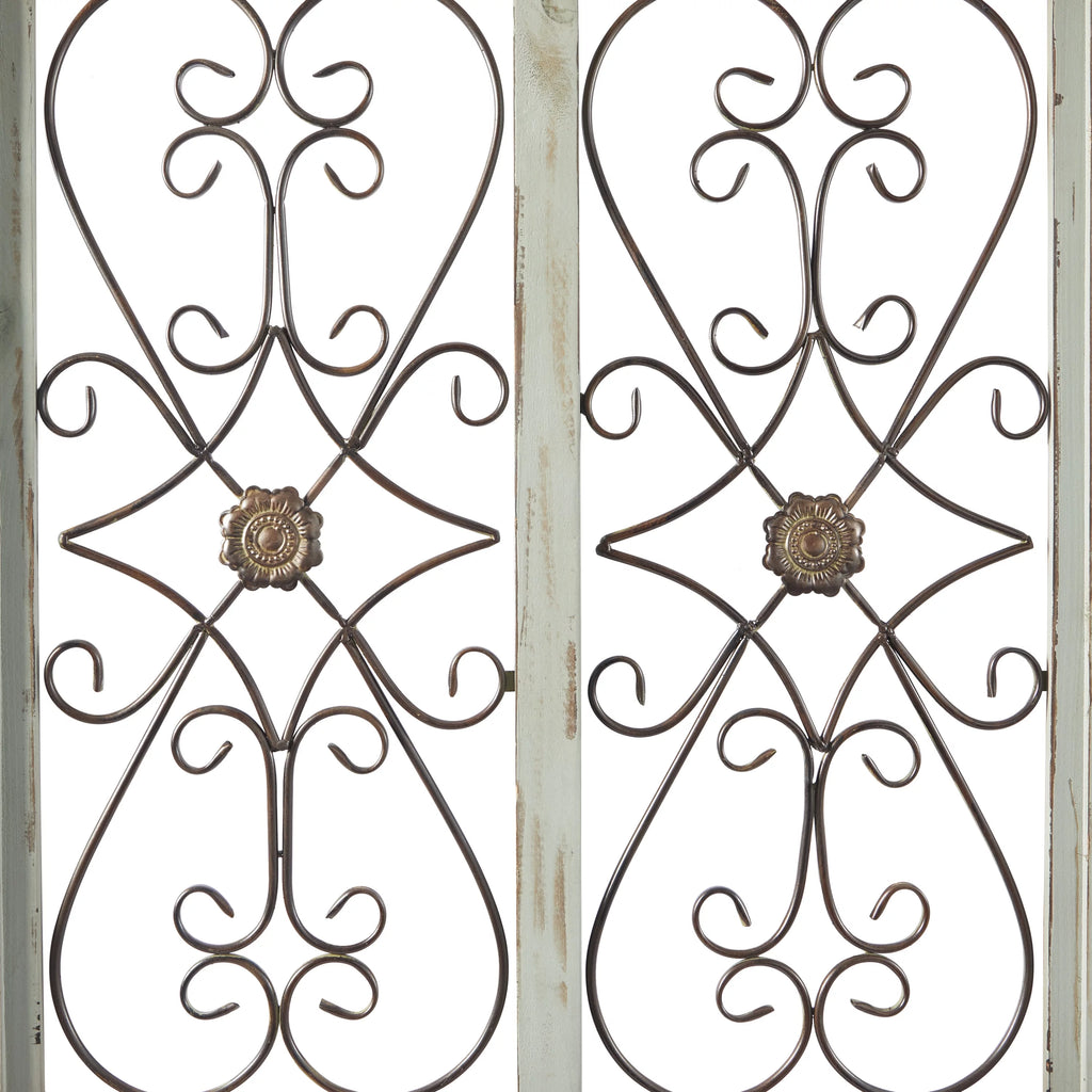 White Wood Arched Window Wall Decor with Metal Scrollwork I7228