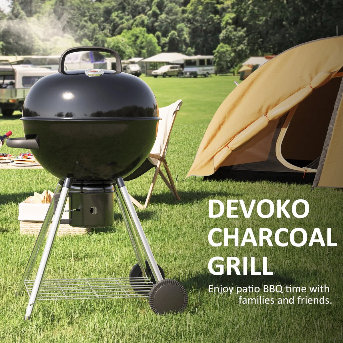 Black 29” Barrel Outdoor Charcoal Grill with Side Shelf and Wheels O572054