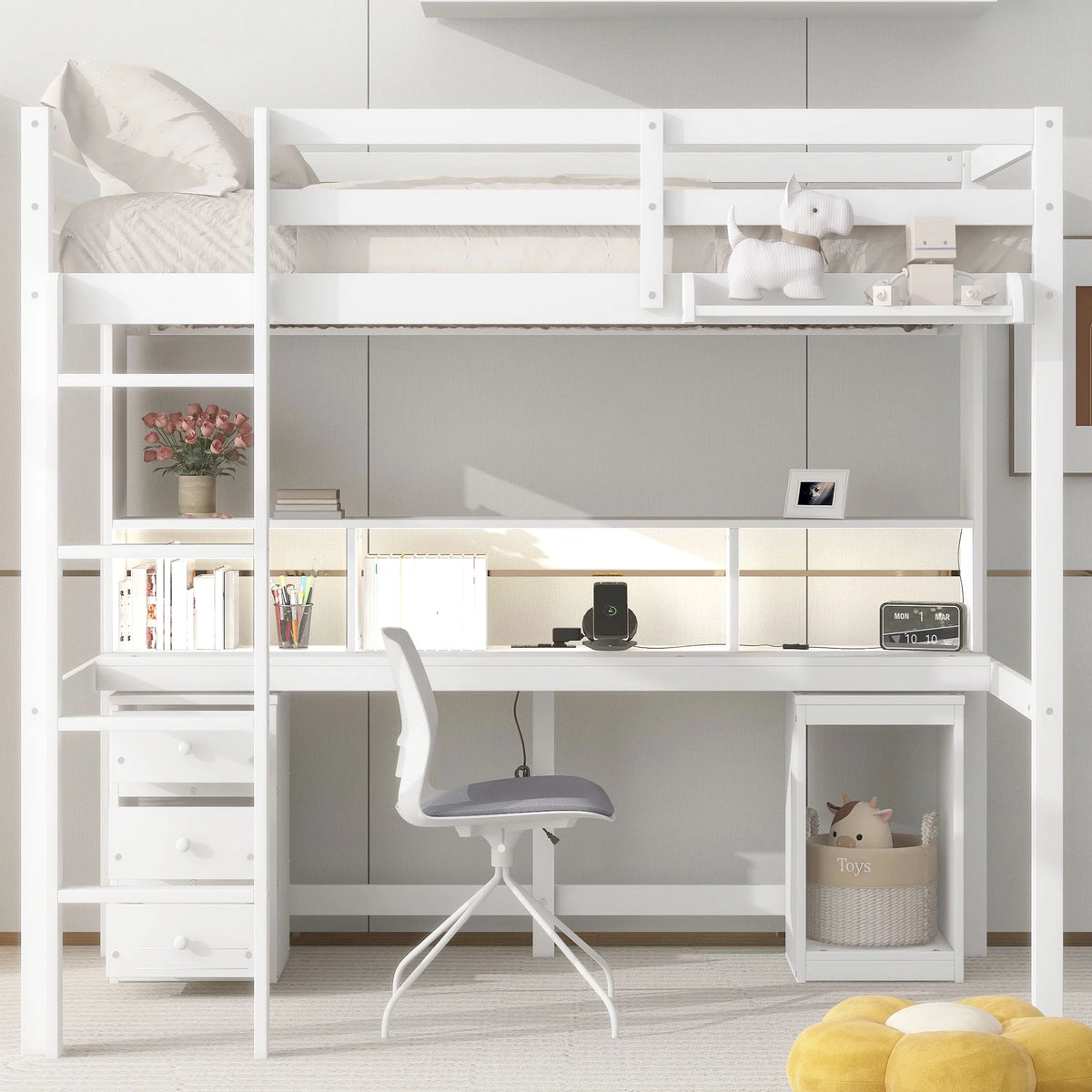 White Twin Size Loft Bed with Built-in Desk and 3 Drawers Y535