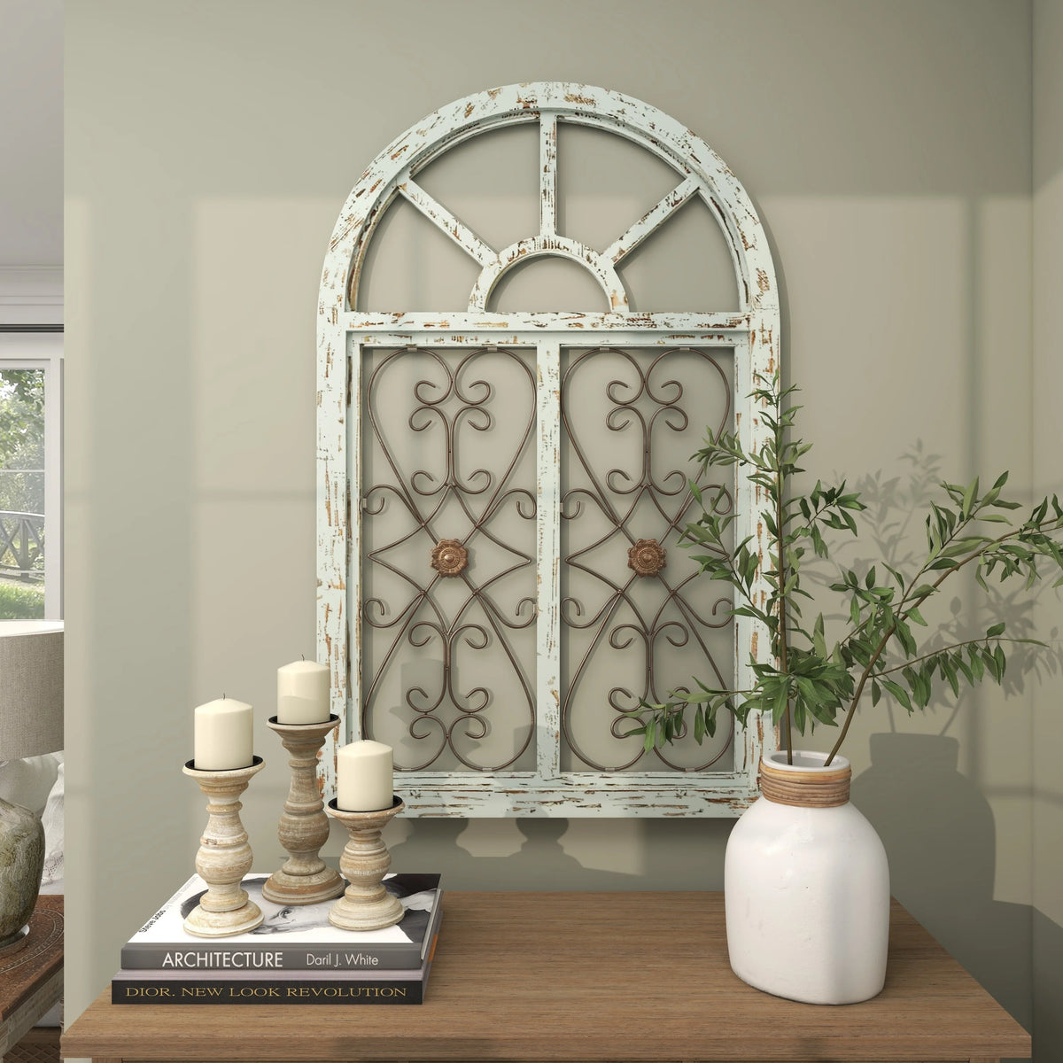White Wood Arched Window Wall Decor with Metal Scrollwork I7228