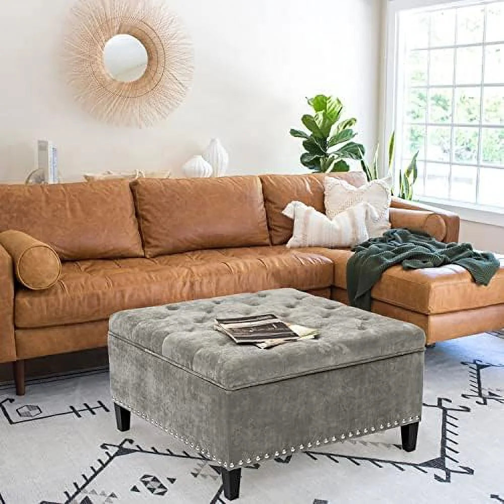 Square Upholstered Tufted Ottoman with Nailhead Trim K54884