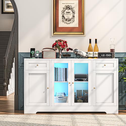 55'' Wood Coffee Bar Cabinet with 4 Doors and Charging Station W3423